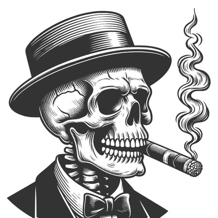 Skeleton in top hat smoking cigar engraving vectorのイラスト素材