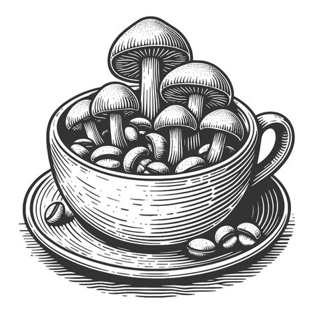Mushrooms Growing Inside Teacup engraving rasterの写真素材