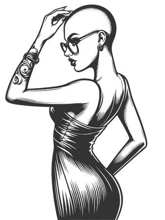 Bald Tattooed Woman in Glasses and Dress vectorのイラスト素材