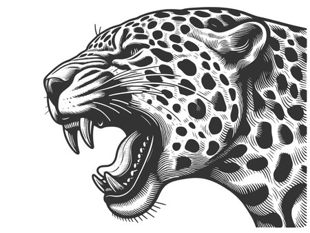 Roaring Leopard engraving raster illustrationの写真素材
