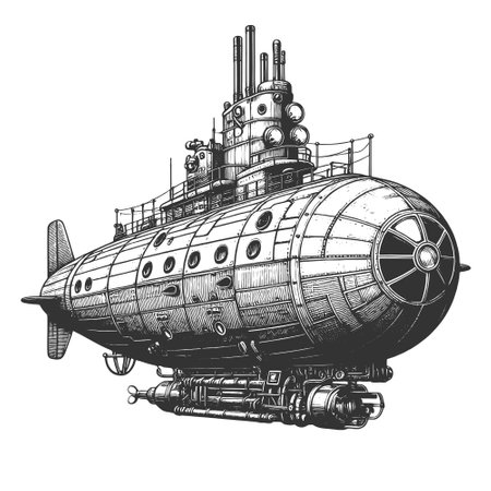 Steam-punk Submarine engraving vector illustrationのイラスト素材