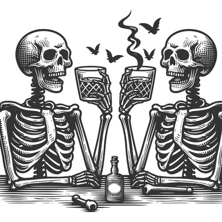 Skeletons toasting with drinks engraving rasterの写真素材