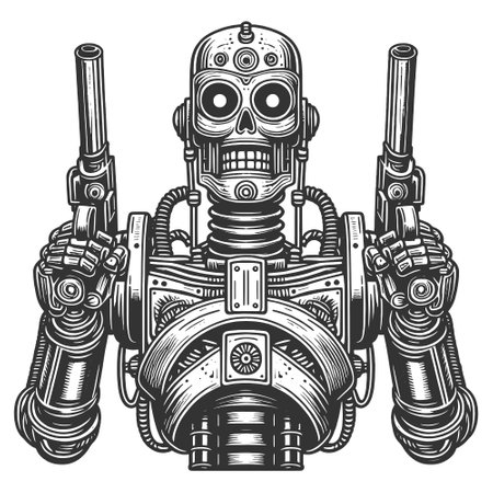 Cyborg with dual pistols engraving vectorのイラスト素材