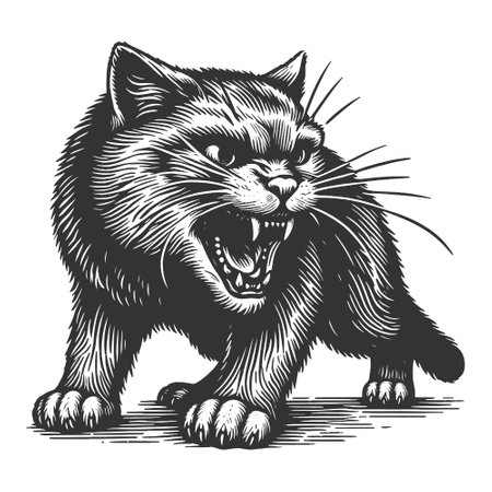 Fierce roaring cat engraving vector illustrationのイラスト素材