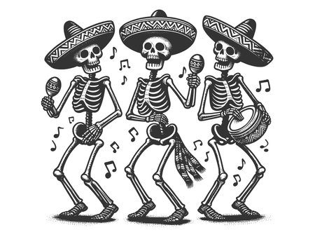 Dancing skeletons sombreros musical instrumentsの写真素材