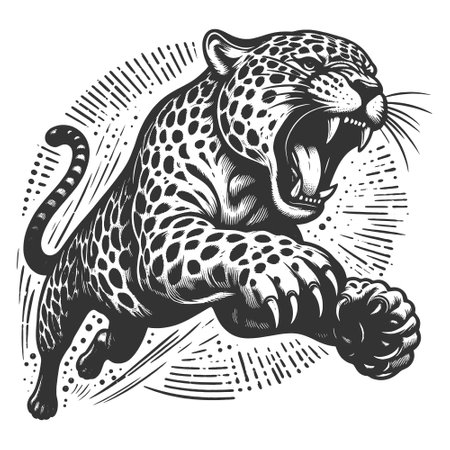 fierce leaping leopard with an open mouth, drawn in a detailed engraving style sketch engraving generative ai vector illustration. Scratch board imitation. Black and white image.の素材