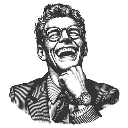 Businessman man with glasses, laughing joyfully, capturing a sense of happiness and nostalgia sketch engraving generative ai vector illustration. Scratch board imitation. Black and white image.の素材