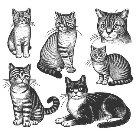Cats set engraving sketch vector illustrationのイラスト素材
