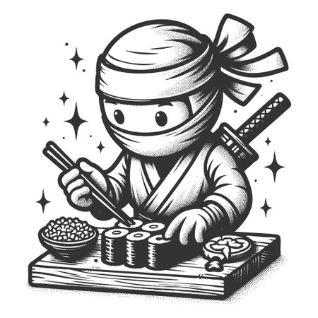 Cute Ninja Eating Sushi Cartoon engraving vectorのイラスト素材