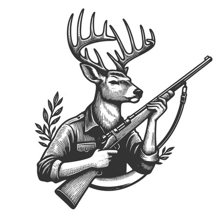 Deer with Rifle engraving raster illustrationの写真素材