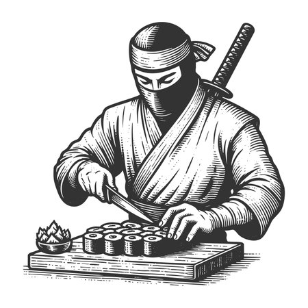 Ninja Chef Preparing Sushi Rolls engraving rasterの写真素材
