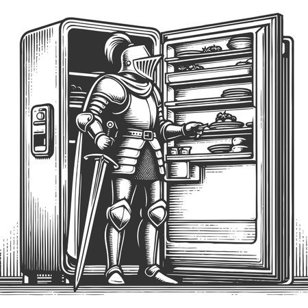 Knight in Armor Opening Refrigerator rasterの写真素材