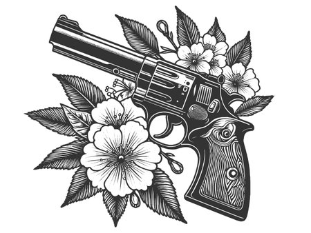 Revolver Flowers Vintage Tattoo engraving vectorのイラスト素材