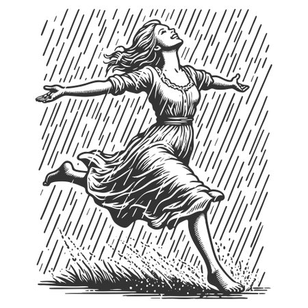 Joyful woman dancing in the rain engraving vectorのイラスト素材