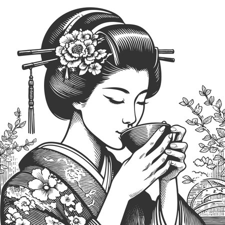 Geisha Enjoying Tea engraving raster illustrationの写真素材