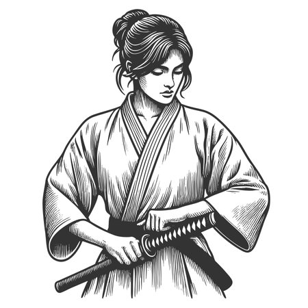 Female Samurai Holding Katana engraving rasterの写真素材