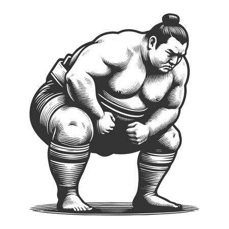 Sumo Wrestler in Pre-Fight Stance engraving rasterの写真素材