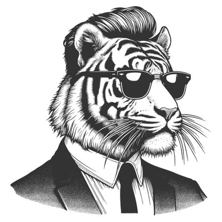 Cool tiger in sunglasses and suit engraving vectorのイラスト素材