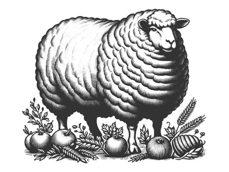 Sheep with Wool Texture engraving vectorのイラスト素材