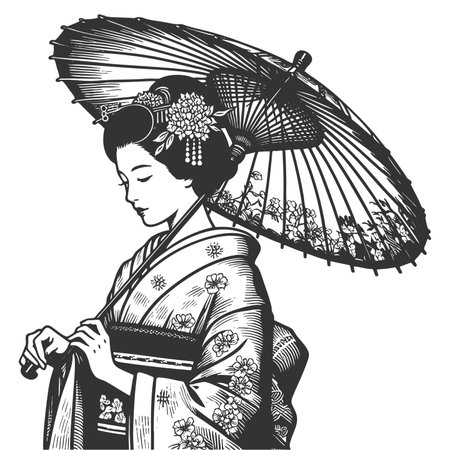 Elegant Geisha with Umbrella raster illustrationの写真素材