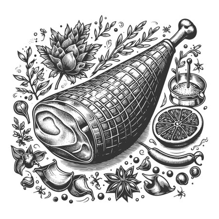 Cured Ham with Herbs and Spices engraving vectorのイラスト素材
