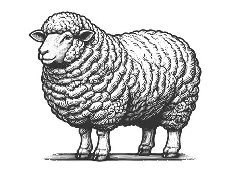 Sheep with Wool Texture engraving vectorのイラスト素材