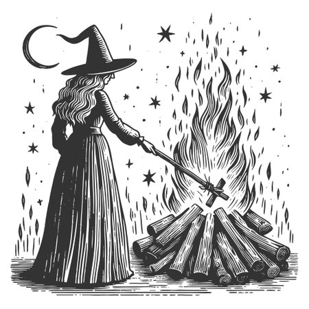 Witch by Bonfire Under Moon and Stars vectorのイラスト素材