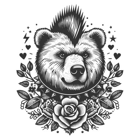 Punk Rock Bear Mohawk and Floral Design vectorのイラスト素材
