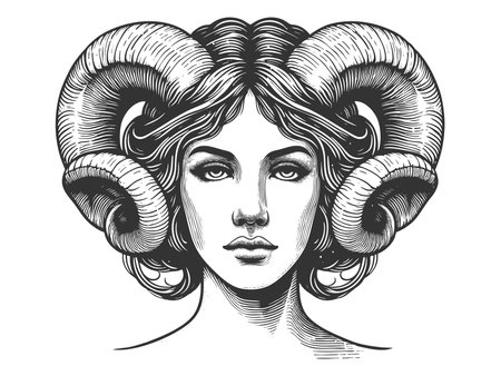 Mythical Woman with Ram Horns engraving rasterの写真素材