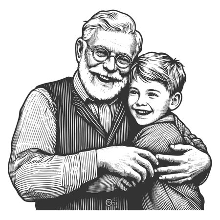 Grandfather holding grandson loving expressionの写真素材