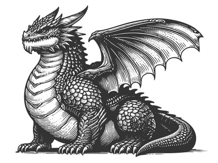 Chubby fat Dragon engraving vector illustrationのイラスト素材