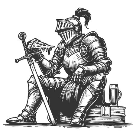 Medieval Knight Enjoying Pizza and Beer vectorのイラスト素材