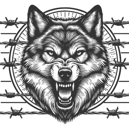 Fierce Wolf Illustration Encircled by Barbed Wire