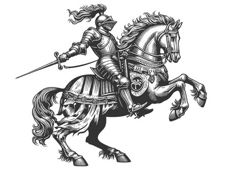 Medieval Knight on Horseback engraving vectorのイラスト素材