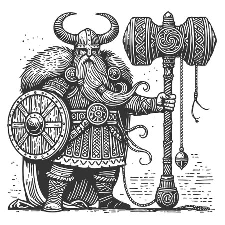 Viking warrior in horned helmet and armor, holding a massive ornate hammer with a strong stance sketch engraving vector illustration. Scratch board imitation. Black and white image.のイラスト素材