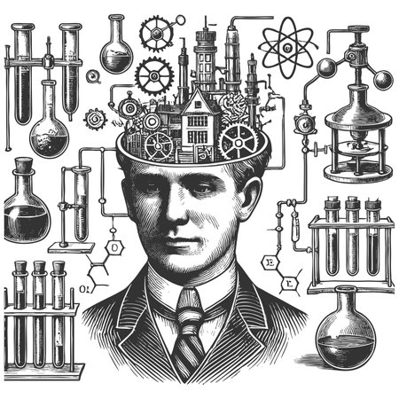 scientist head filled with gears, machinery, and laboratory equipment, symbolizing innovation and...