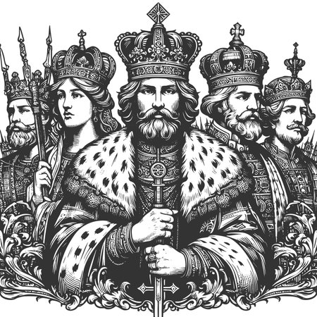 majestic kings and queens in regal attire, adorned with crowns, scepters, and royal robes sketch engraving raster illustration. Scratch board imitation. Black and white image.の写真素材