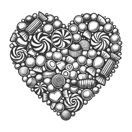 heart made from various candies, including sweets, lollipops, and chocolates, in detled design sketch engraving vector illustration. Scratch board imitation. Black and white image.のイラスト素材