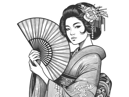 graceful geisha in traditional attire, adorned with flowers and hrpins, holding a decorative fansketch engraving raster illustration. Scratch board imitation. Black and white image.の写真素材