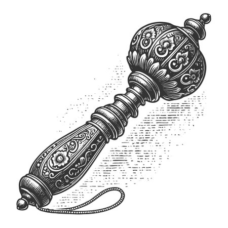 vintage mace scepter, featuring ornate patterns, carvings, and a decorative chn, exuding elegance and regality sketch engraving vector illustration. Scratch board. Black and white.のイラスト素材