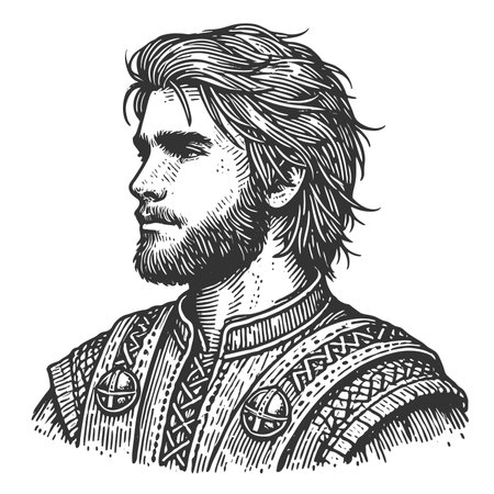bearded medieval warrior wearing traditional ornate armor, exuding strength and nobility sketch engraving raster illustration. Scratch board imitation. Black and white image.の写真素材