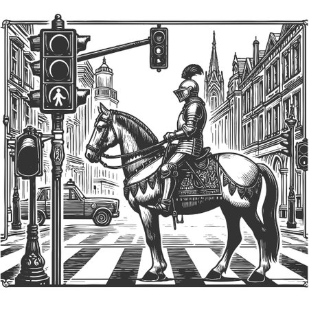 armored medieval knight on horseback surrounded by modern cars in traffic sketch engraving fictional character vector illustration. Scratch board imitation. Black and white image.のイラスト素材