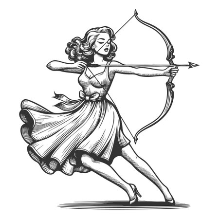 vintage-style woman drawing a bow, showcasing strength and precision sketch engraving fictional character vector illustration. Scratch board imitation. Black and white image.のイラスト素材