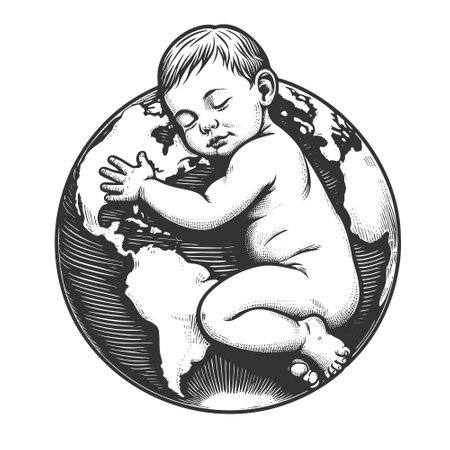 baby peacefully sleeping while hugging the Earth, symbolizing love, care, and global harmony sketch engraving vector illustration. Scratch board imitation. Black and white image.のイラスト素材