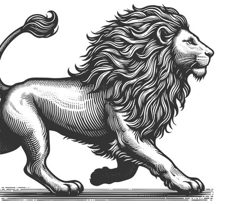 lion in a powerful pouncing position, with a flowing mane, drawn in an engraving style sketch engraving generative ai raster illustration. Scratch board imitation. Black and white image.の素材