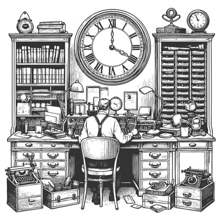 vintage office with man at a cluttered desk, large clock, typewriters, filing cabinets, and shelves...
