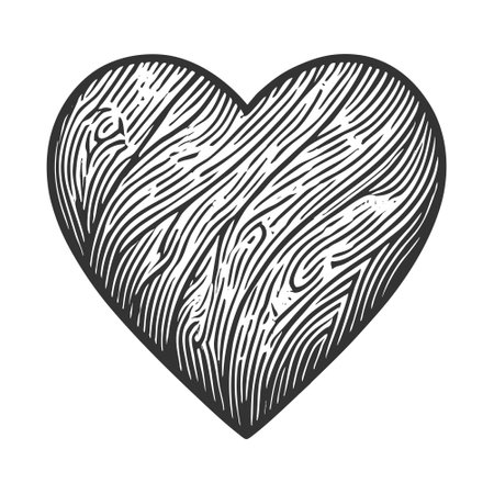 heart shape filled with woodgrn texture, symbolizing nature, love, and rustic charm sketch engraving vector illustration. Scratch board imitation. Black and white image.のイラスト素材