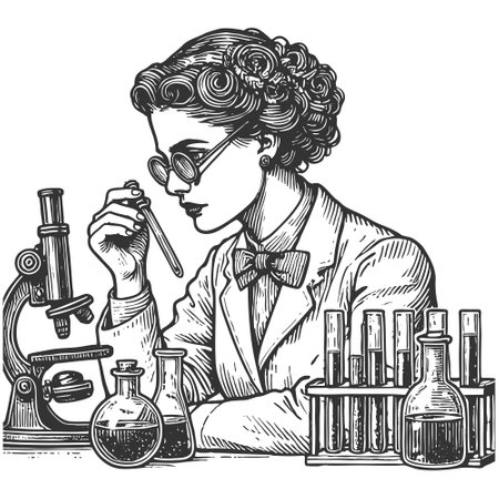 Scientist woman surrounded by lab equipment vintage scientific in engraving style sketch engraving generative ai fictional character vector illustration. Scratch board imitation. Black and white imageの素材