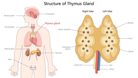 thymus gland showing its anatomy, including lobes, cortex, medulla, and its location within the human body diagram hand drawn schematic vector illustration. Medical science educational illustrationのイラスト素材