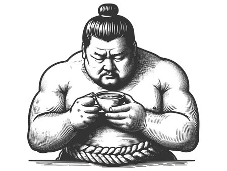 sumo wrestler seated and drinking tea, showcasing Japanese culture with a retro artistic style sketch engraving raster illustration. Scratch board imitation. Black and white image.の写真素材